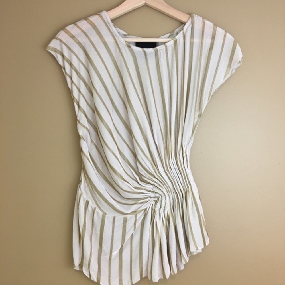 Aryn K Stripe Silk Velvet Side Gather Top